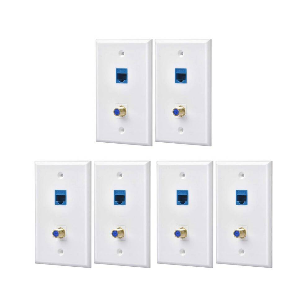 6 Packs Ethernet Coax Wall Plate Outlet with 1 Cat6 Port and 1 Gold-Plated Coax F Type Port RJ45 Wall Plates