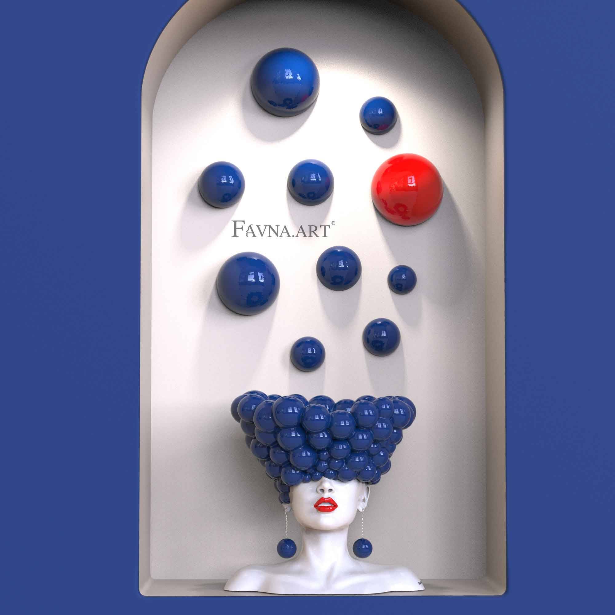 Contemporary sculpture composition “Thoughts” with 10 wall spheres, blue - Classic blue + red