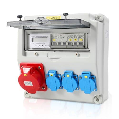 Gimisgu Väggfördelare, byggströmsfördelare, CEE 1 x 32 A 5P, 3 x 16 A, 230 V, Schuko-uttag, med linjeskyddsbrytare och 3-fas elmätare, IP44 vattentät, förkabel strömfördelare