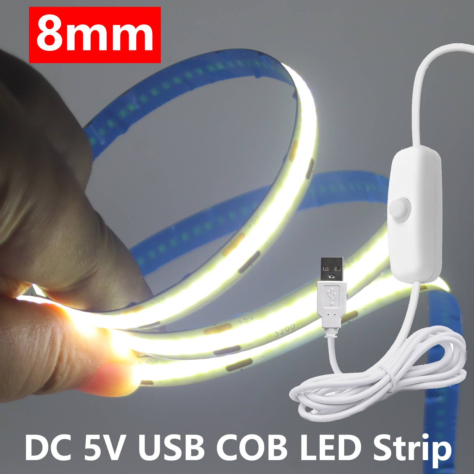 0.5m/1m/2m/3m/5m COB LED Strip with 501 Button Switch 5V USB LED Light Strip 320LEDs/m Flexible Adhesive Tape for Room Decor