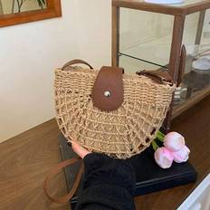 Semestervävd strandväska Lätt stråväska Dragkedja För Kvinnor Seaside Essentials Axelväska Dam Ihålig Vävd Handväska Med Justerbar Rem Halvcirkel Strå - Kaki (En-Storlek)