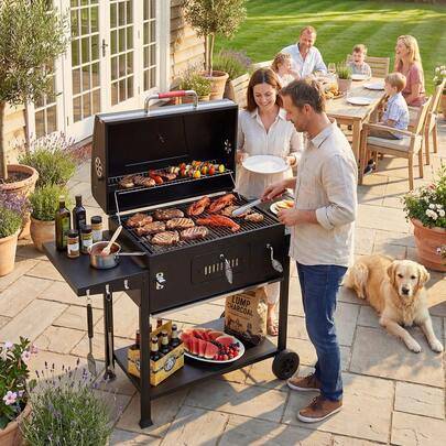 DEVOKO Kolgrill: Robust kolgrill i metall, extra stor utomhusgrill med justerbar kolhöjd och låsbart ventilationssystem, perfekt för 6-10 personer på