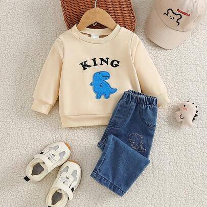 2-delars set för babypojke, avslappnad och söt outfit med långärmad sweatshirt med broderade tecknade dinosaurier och bokstäver, samt jeansbyxor med e - Aprikos (6-9M,9-12M,12-18M,18-24M,2-3Y)