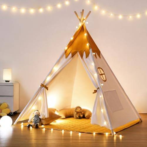 Tipi tält för barn, Tippi barntält tipi tält inomhus, besrey barntält av bomull med stoppad filt och ljuskedja dekoration barnrum gul