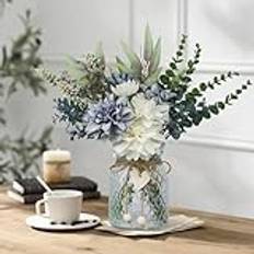 YELIKIT Konstgjorda blommor med glasvas, falsk blombukett falsk ros i vaser för heminredning, blommor, modern, heminredning, bord, dekorativ blomvas för middag, kontor, sovrum, blå