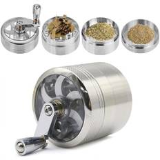 XUBX 4-lagers Tobakskvarn, tillbehör för kryddkross i aluminium, pollen kvarn kross för krydda, Pollen Grinder med handtagsvev, krutkvarn zinklegering för krydda, örter, kryddor, ört (Silver)