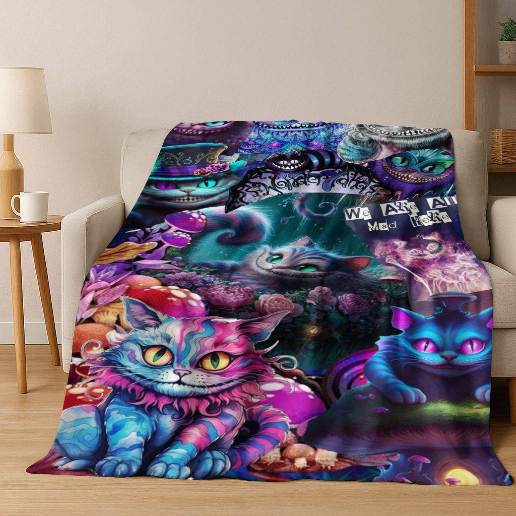 Dröm-Katt Cheshire Alice i Underlandet Tecknad Flanellfilt, Mysig Mjuk Pläd för Hem Sovrum Säng Soffa Överdrag Gåva Barn