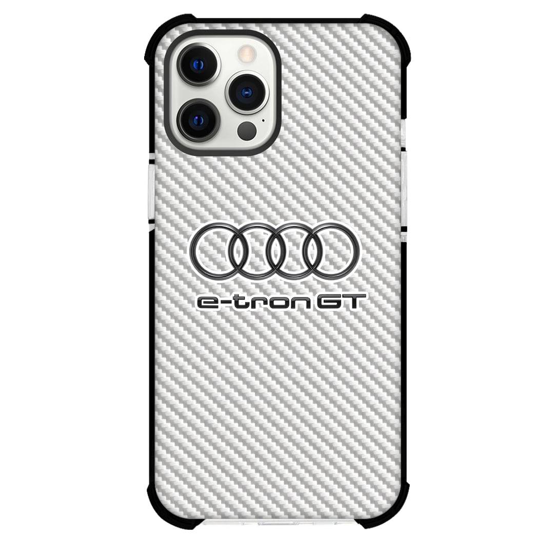 Audi e-tron GT Phone Case For iPhone Samsung Galaxy Pixel OnePlus Vivo Xiaomi Asus Sony Motorola Nokia - Audi e-tron GT Logo On Silver Gray Carbon Fiber Background.