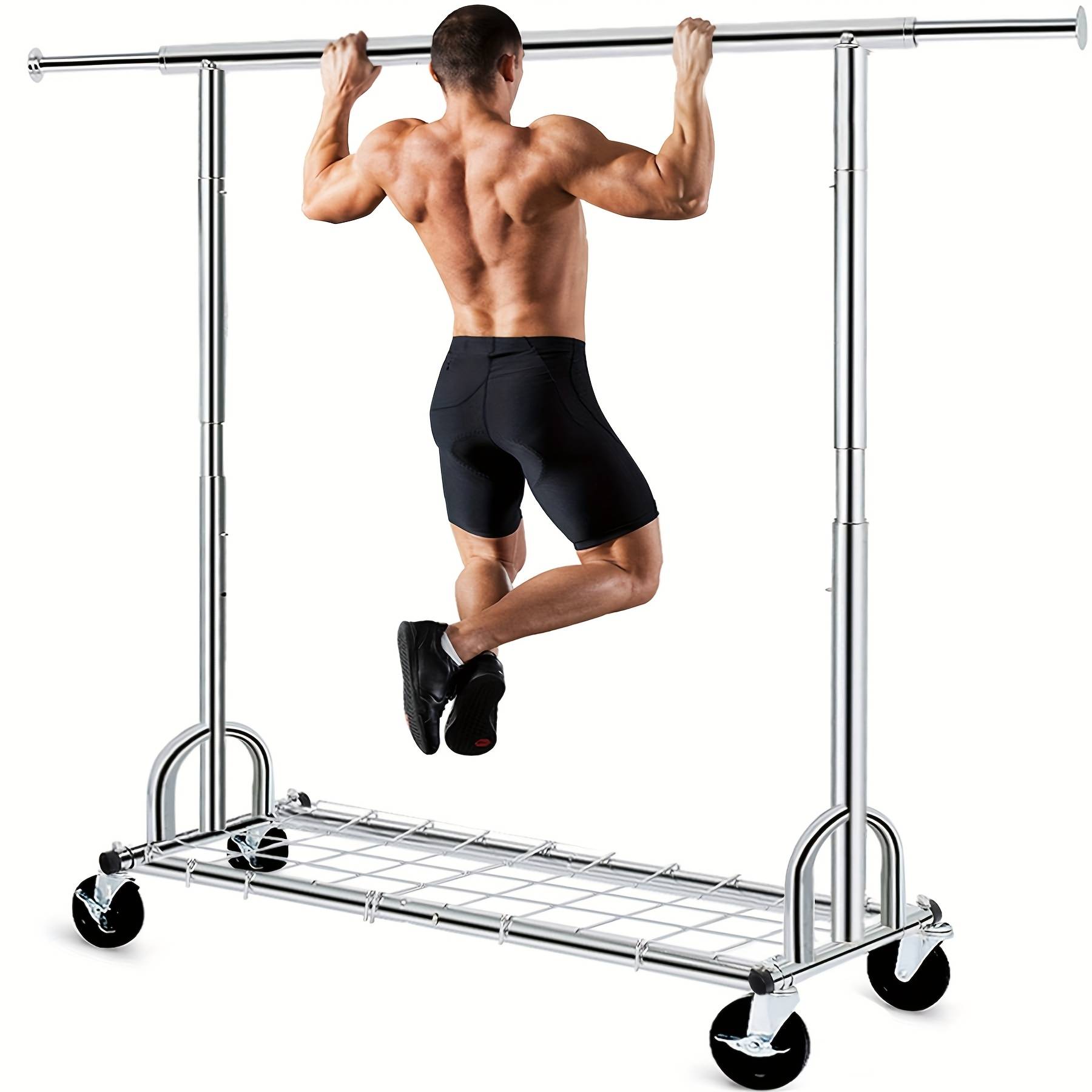 TEMU Heavy Duty Adjustable Garment Rack, Portable Clothes Rack With Extendable Rods, Freestanding Metal Clothing Rack With 360° Lockable Rolling Wheels, 500 Lbs Load Capacity, Silver Closet Organizer