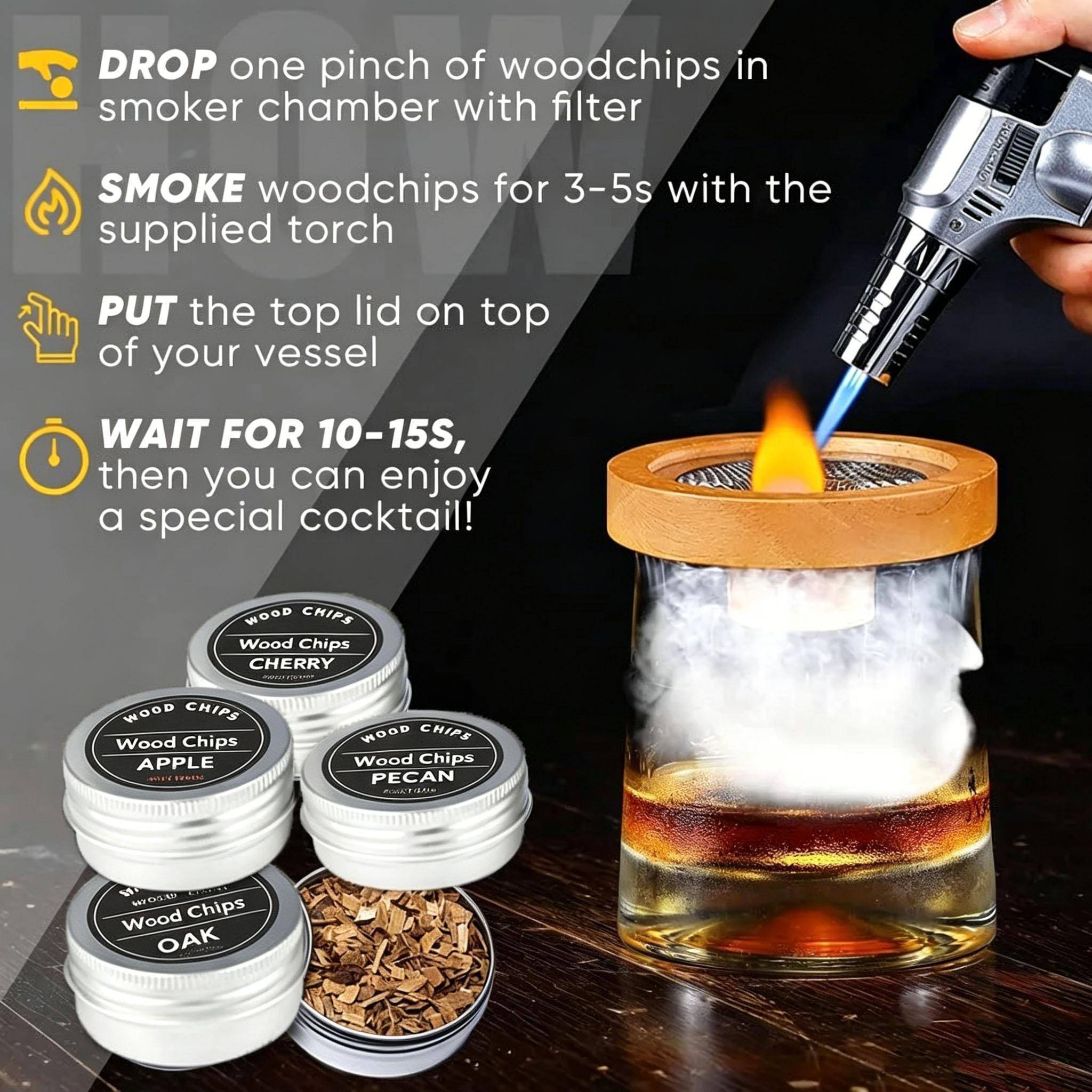 Premium Cocktailrökare Kit 4 Naturliga Träflisor Whiskey Bourbon Old Fashioned Hembar Bartenderverktyg Födelsedagspresenter för Män 5 beige
