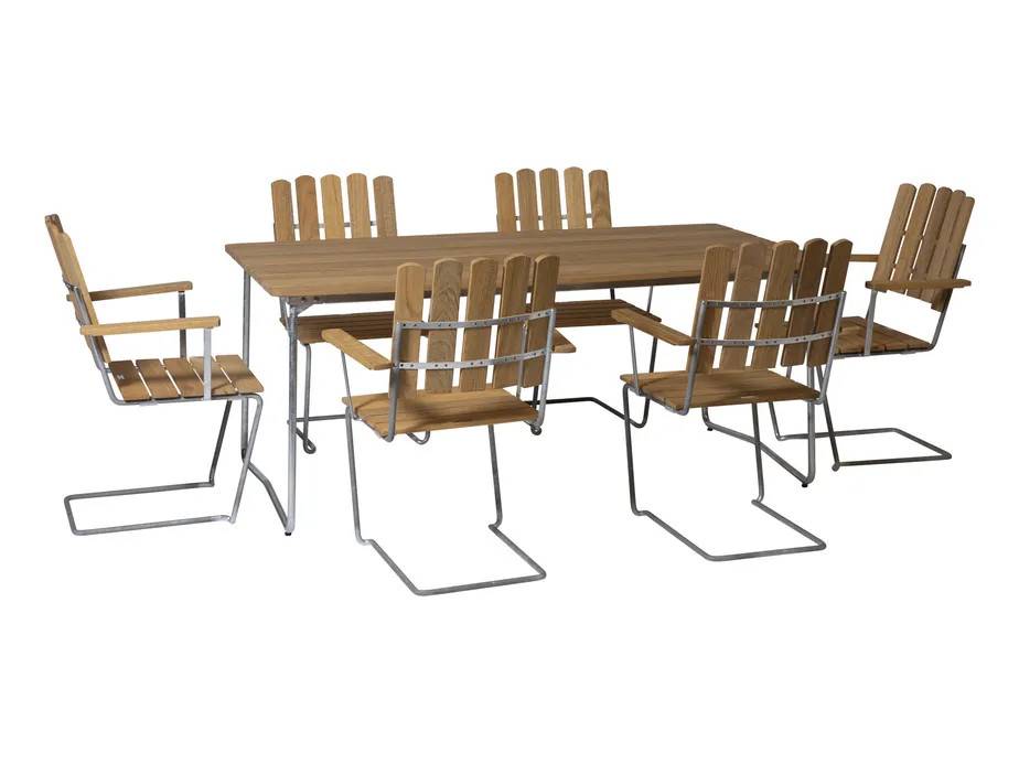 Grythyttan Stålmöbler B31 matgrupp Oljert eik/galvaniseret stål 6 lænestole & bord 170 x 92 cm
