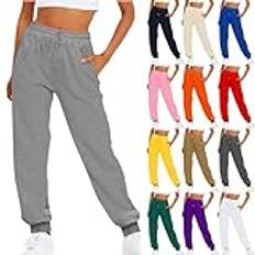 Joggingbyxor dam säckig – löpbyxor dam långa med ficka enfärgade sweatbyxor elastiska med dragsnöre sportbyxor säckig joggingbyxor utomhusbyxor casual långlöpningsbyxor, träningsbyxor cargobyxor, GRÅ,