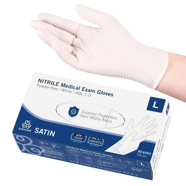 Engångshandskar Nitril Evercare Satin Puderfri AQL 1,0 Vit L 150st