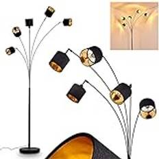 Golvlampa Alsen, modern golvlampa av metall/väv i svart/guld, 5-lampa, 5 x E14, höjd 204 cm, golvlampa med justerbara textilskärmar och fotbrytare på kabeln, utan glödlampor