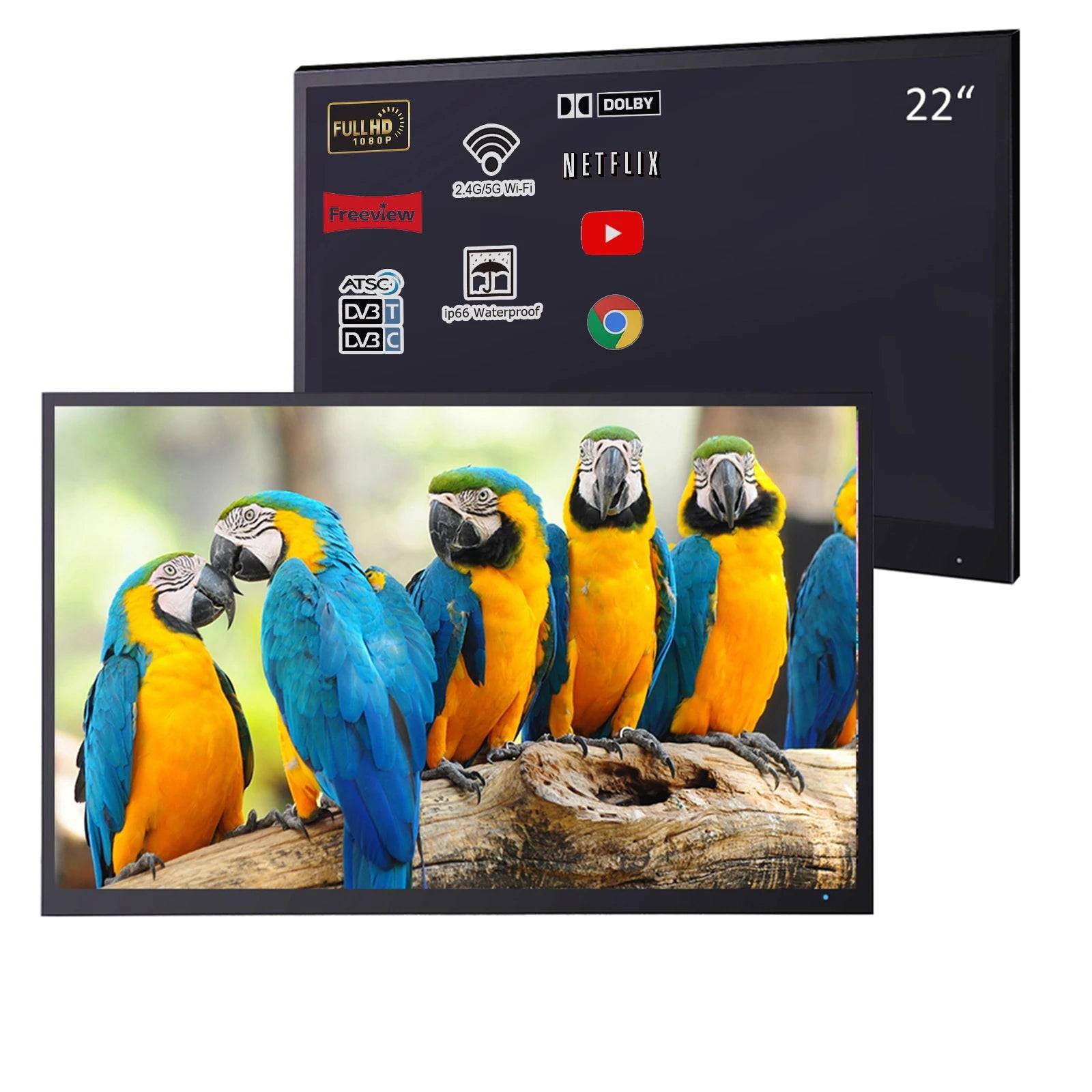 Souria 22 Inch Black Color Smart Bathroom TV IP66 Waterproof Android Display WiFi Bluetooth Television Hotel ATSC DVB Advertise - Black / CHINA
