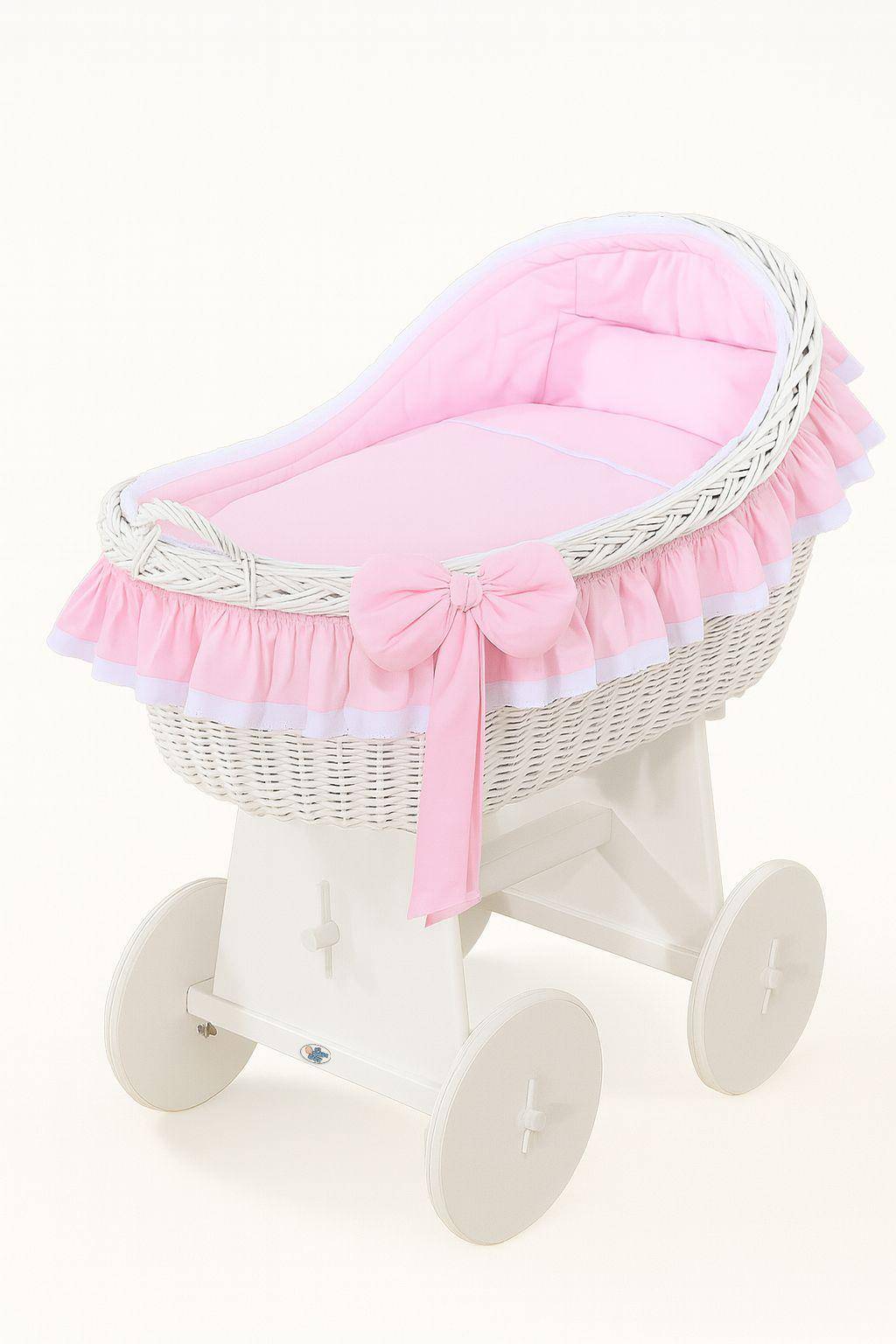 Carina Wicker Moses Basket With Wicker Shed, White + Pink Bedding