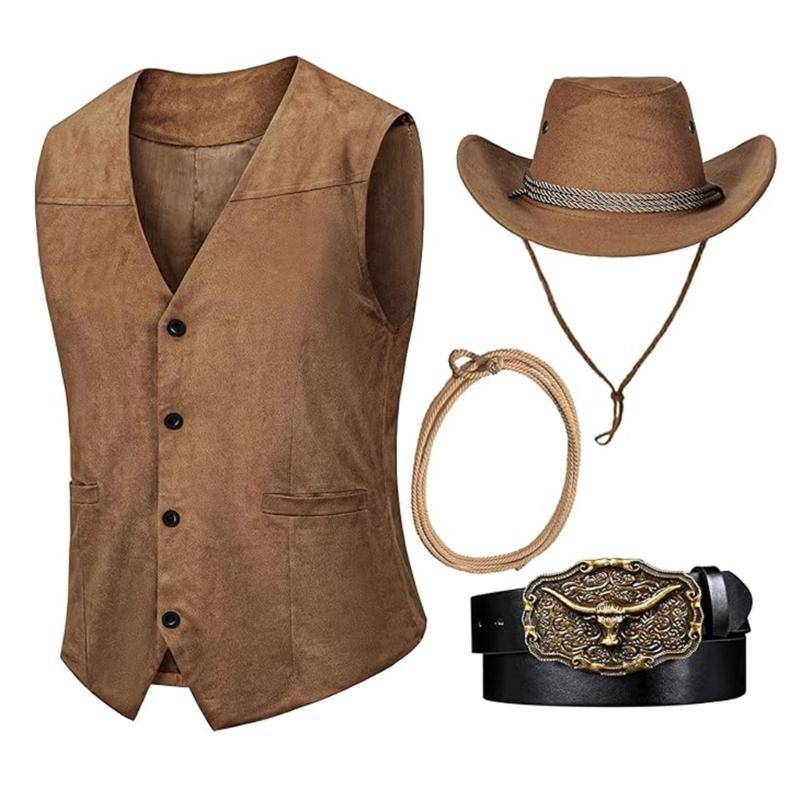 Västern Cowboy Kostym Brun Västern Festkostym Set för Barn med Väst Hatt Bälte och Rep, V-ringning Knäppning Framtill Utseende för Cosplay Styling cm