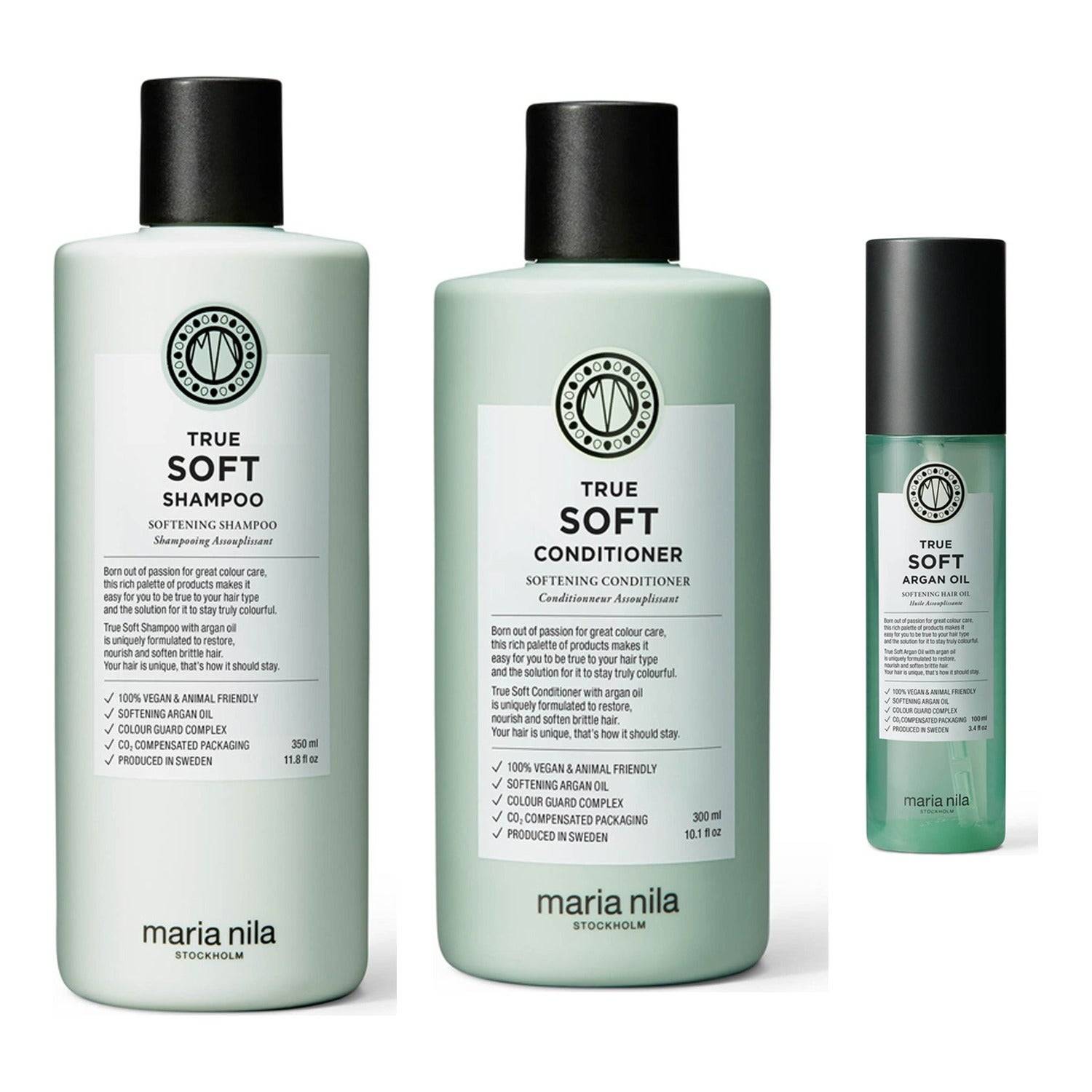 Maria Nila True Soft Trio Shampoo 350ml, Conditioner 300ml, Argan Oil 100ml - 750 ml