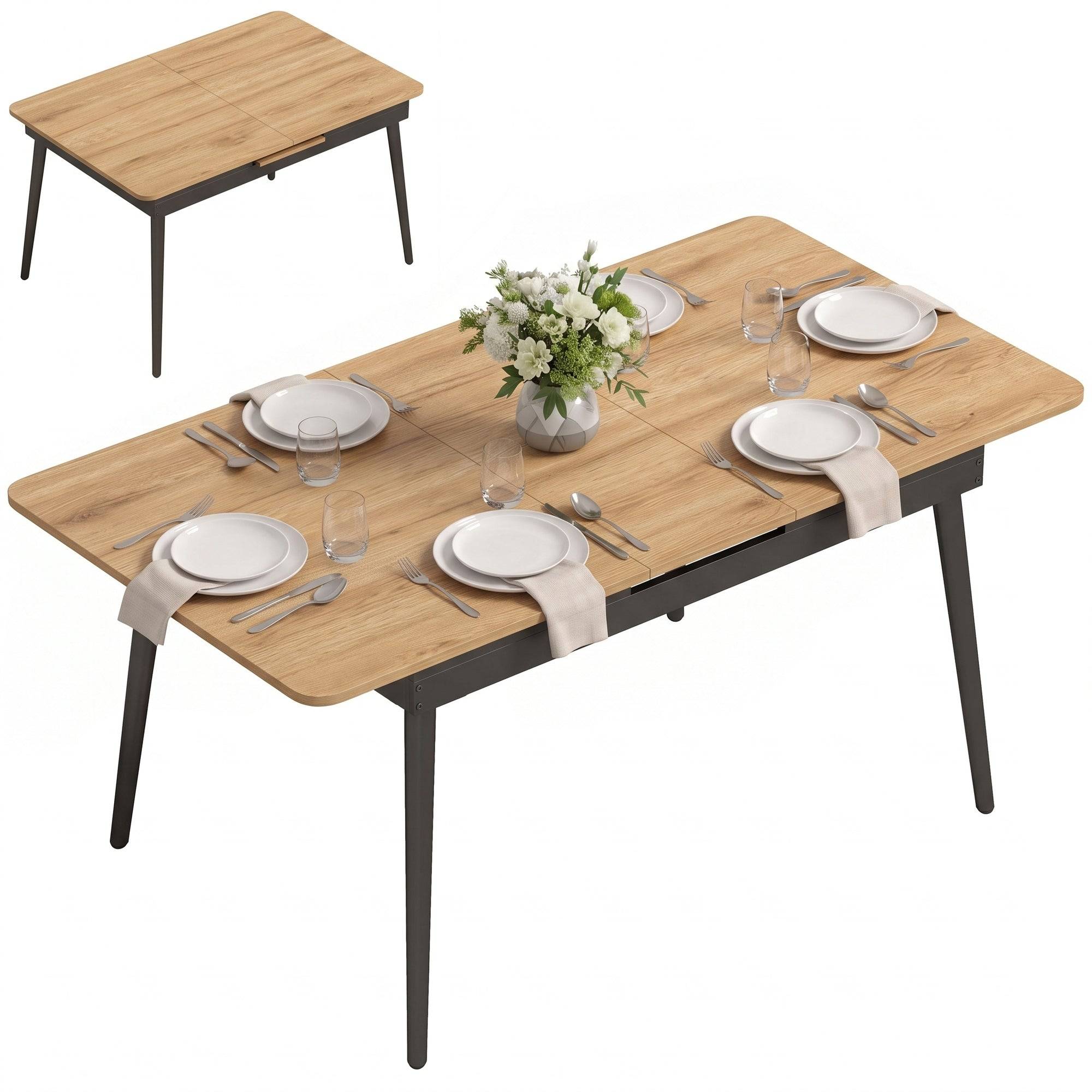 Udtrækkeligt spisebord 130-160 cm, køkkenbord med afrundede hjørner, egetræ