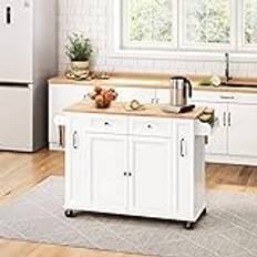 Yaheetech Köksvagn mobil serveringsvagn med hopfällbar bänkskiva och lådor & kryddutdrag & skåp & handdukshållare & kryddhållare och hjul 132 cm L × 48 cm B × 91,5 cm H vit