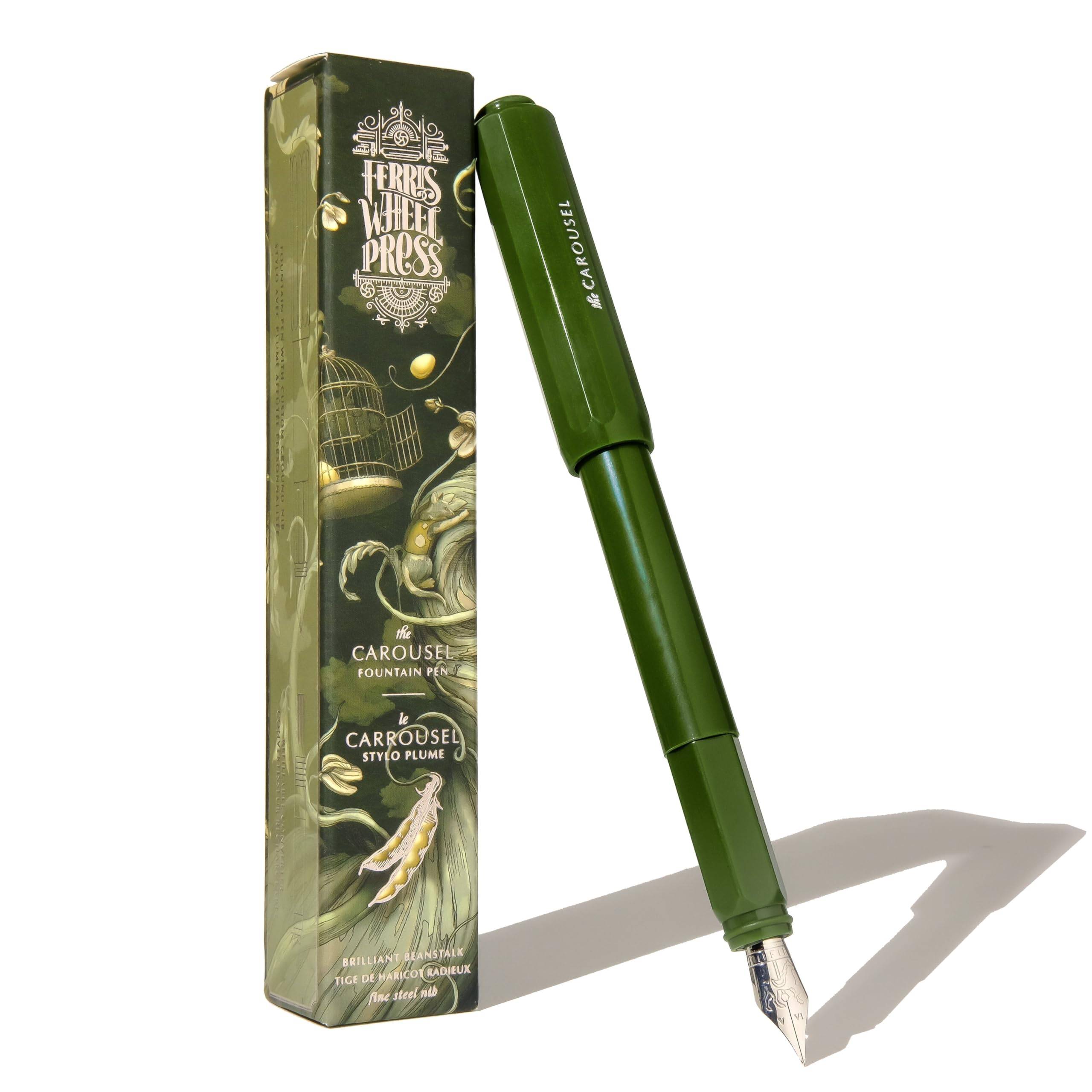 This fountain pen features an acrylic blend an air seal a brilliant bean and a dark green fine body, click-lock cap, stalk, nib.