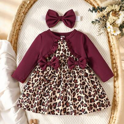 2-delars set med tutuklänning för nyfödda flickbebisar, söt elegant vinröd leopardmönstrad med rosett, volang och ribbade långa ärmar, födelsedagsklän - Bourgogne (6-9M,9-12M,0-1M,1-3M,3-6M)