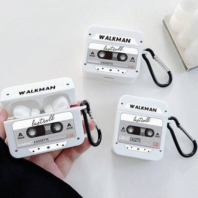 1 st retro musikett-kassettmönstrat Bluetooth-hörlursfodral, WALKMAN-hörlursfodral, Y2K, vitt hörlursfodral med 1 hörlursfodralskrok, kompatibelt med (Multi-size)