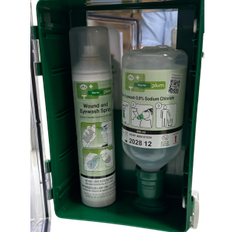 Øjenskyllestation støvtæt med 1 x 500 ml øjenskyl 1 x 250 spray PLUM (Dansk produceret) - med spejl udløber 12 -2028
