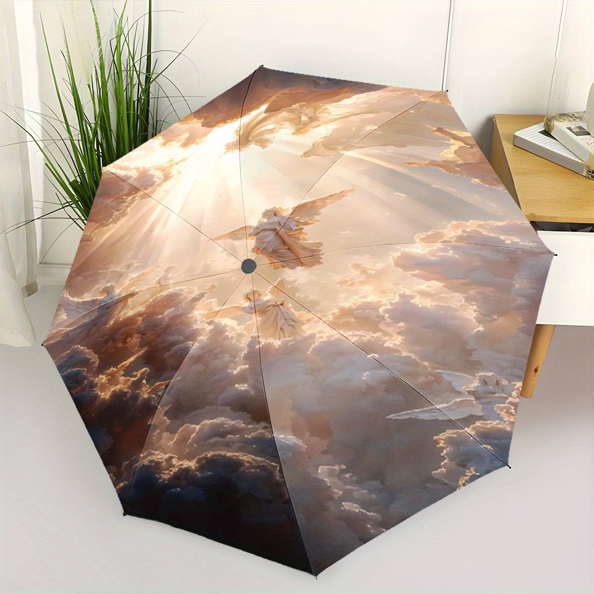 Cloud Print, 1pc Automatic Folding Travel Umbrella, Portable Foldable Design With 8 Ribs, Casual Outdoor Accessory For Halloween And Christmas Birthday Gift, Holiday Hfa197