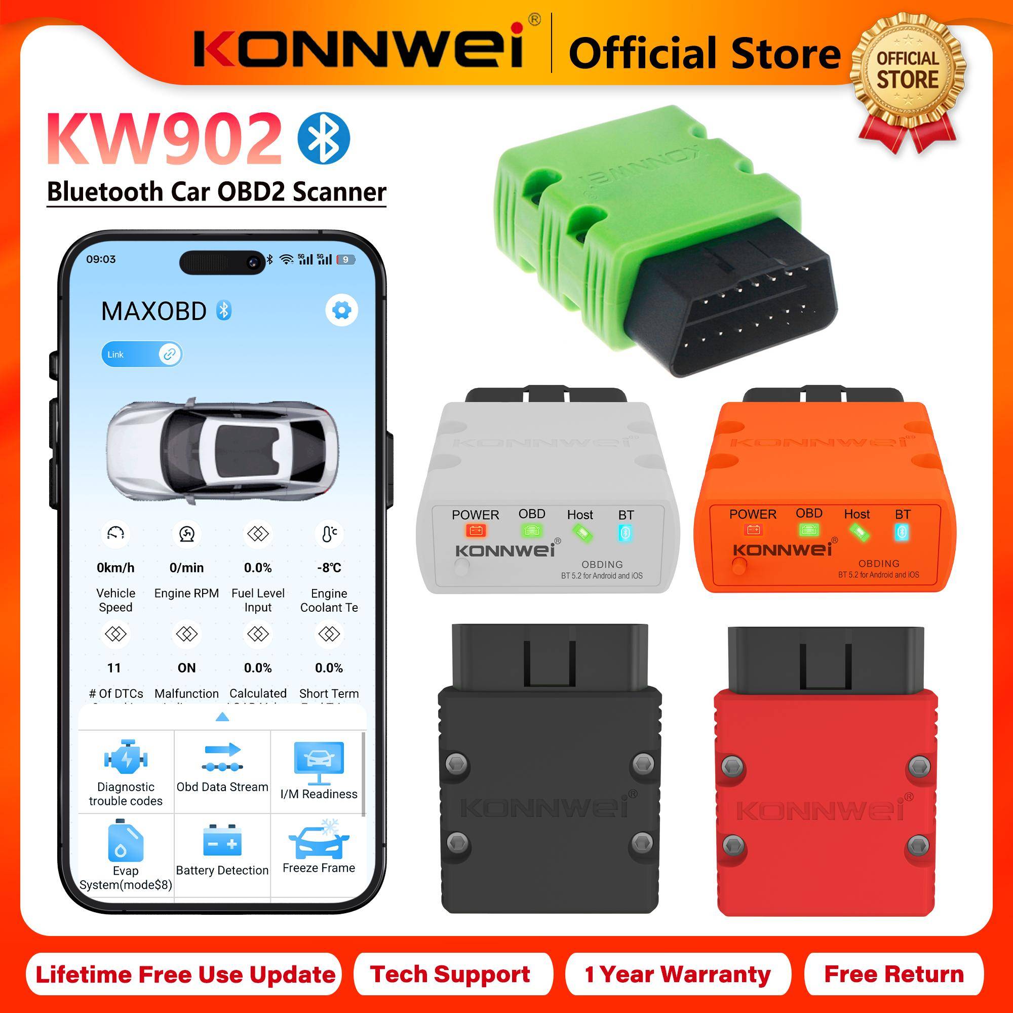 2026 KONNWEI KW902 Elm327 V1.5 OBD2 Bluetooth Bil diagnostikskanner Mini OBD-kodläsare för Android/IOS Avstängning av kontrollampan för motorfel orang