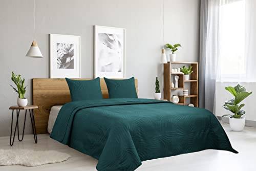 Autrefois Överkast påfågelgrön Oasis - mjukt och lätt quiltat överkast - enfärgad säng 240 x 260 cm - 2-sits med två örngott 65 x 65 cm - palmblad - mikrofiberfilt