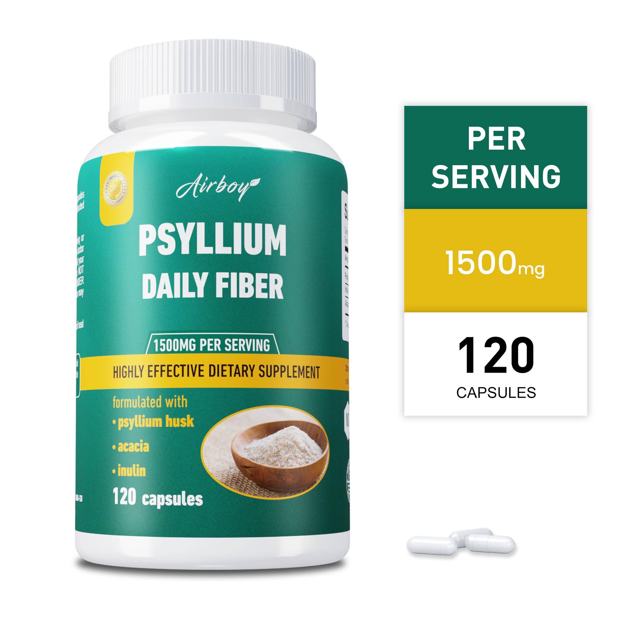 Psylliumskal Dagliga Fiberkapslar 1500 mg 120 stycken — Fiberstöd, Matsmältningsstöd, Dagligt Välbefinnande