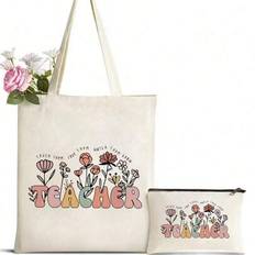 Back To School Season, Gift For Teacher, Letter Print Tote Bag With Makeup Bag, Set Of Two, Beautiful, Travel Beach Bag, Reusable Grocery Shopping Bag - Beige - one-size