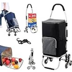 Shoppingvagn, hopfällbar shoppingvagn, med trappklättrare, med kylfack, avtagbar väska, vattentät, max lastkapacitet 75 kg,Black