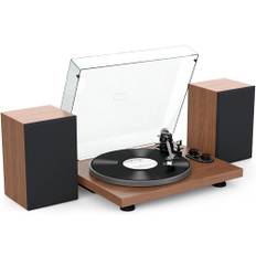 Udreamer Plattenspieler mit Integriertem Vorverstärker, Hi-Fi-System mit 40-W-Regallautsprechern, Bluetooth, Aluminium-Plattenteller, Riemenantrieb mit 2 Geschwindigkeiten, AT-3600L Braun