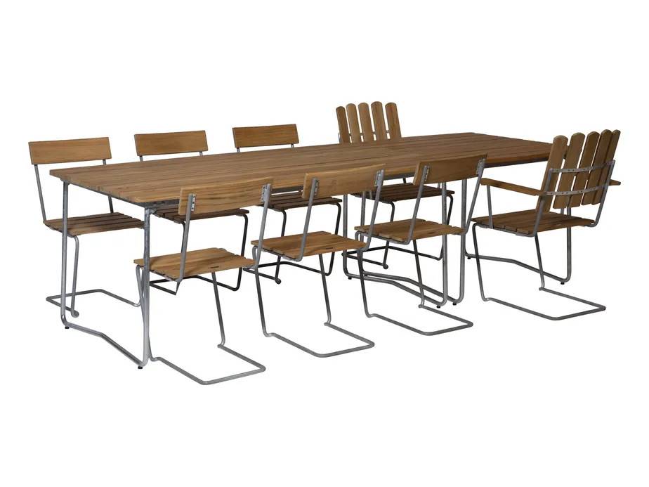Grythyttan Stålmöbler B31 matgrupp Teak/galvat 2 fåtöljer, 6 stolar, bord 84 x 92 cm & bord 170 x 92 cm