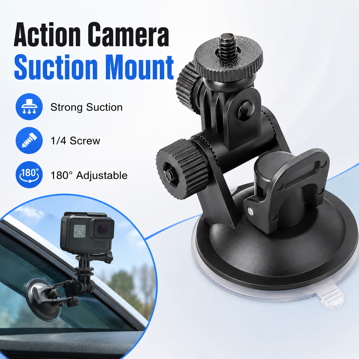 Car Suction Cup Mount 1/4 Screw Windshield Holder 180 Adjustable Glass Stand for Action Camera Dash Cam DVR Recorder
