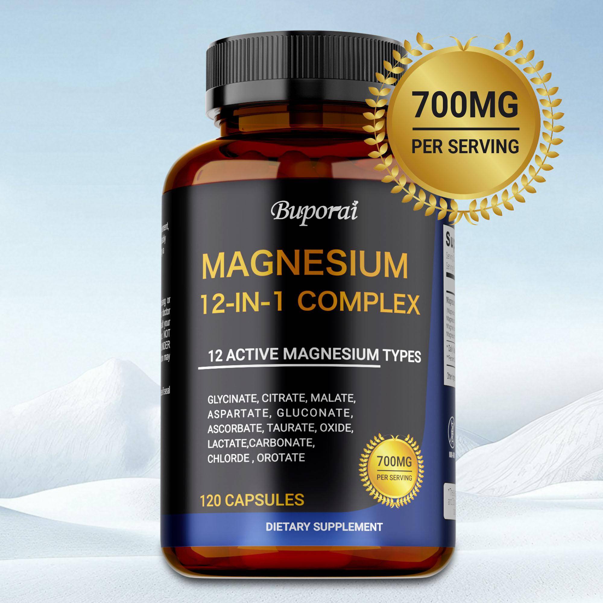 12-i-1 Komplext Magnesiumkapslar, 700 mg, Flera Magnesiumformer, Lugnande och Avslappnande, Benhälsa, Lämplig för Vuxna