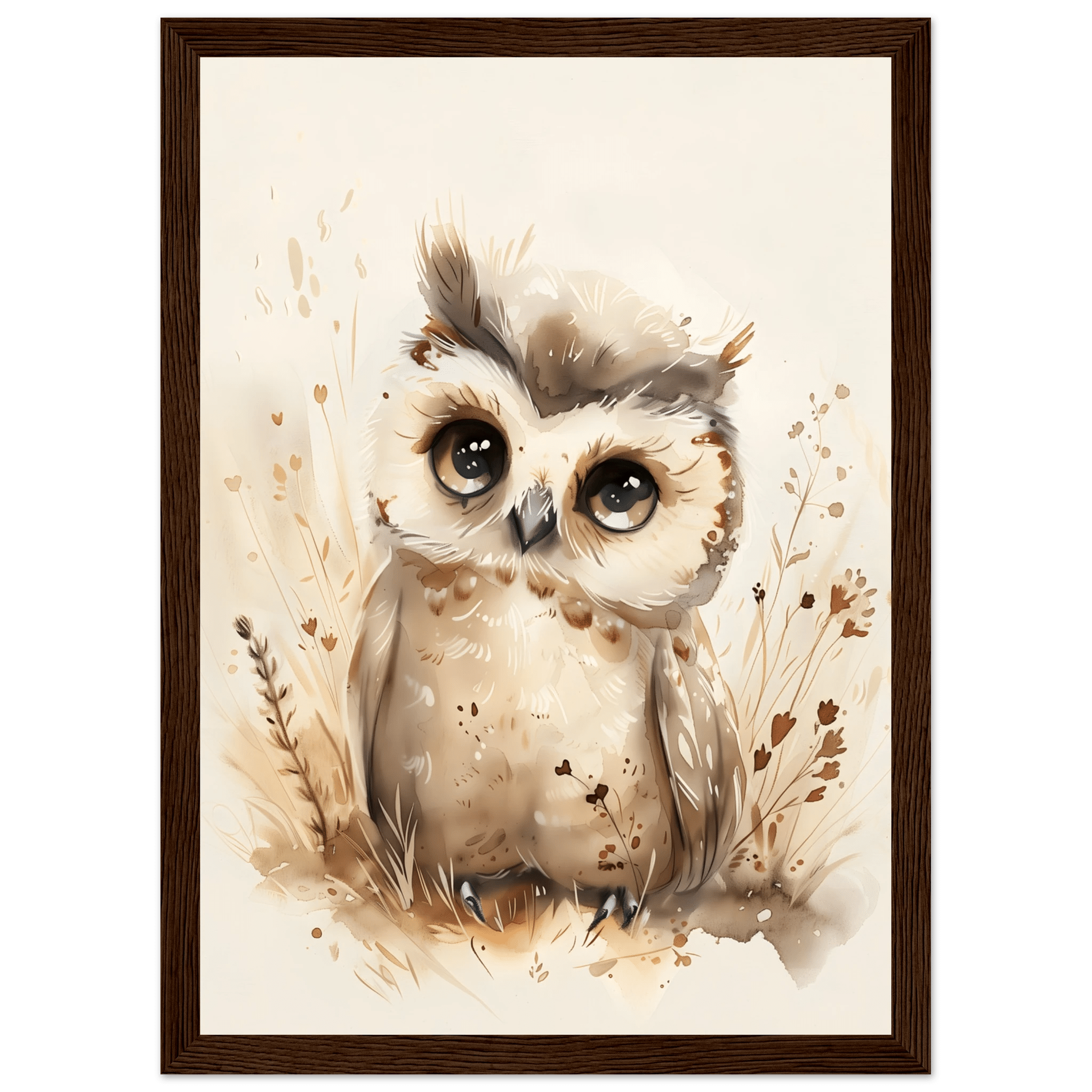 Söt uggla poster-21x29.7 cm / 8x12" / Med ram / Mörkt trä