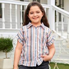 Tween Girl Extended Size Loose-Fit Casual Randig skjorta med nedfällbar krage - Multifärgad (8P,10P,9P,11P,12P)