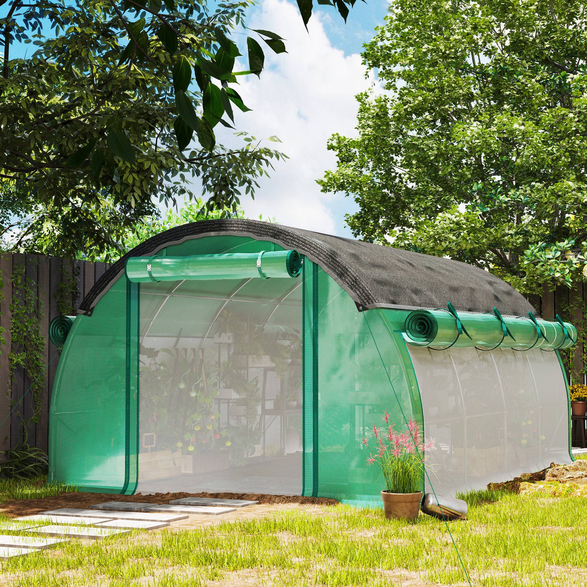 4 x 3 x 2 m polytunnel drivhus med solbeskyttelsesnet, rullelige sidevægge, plastikdæksel, stålramme, grøn.