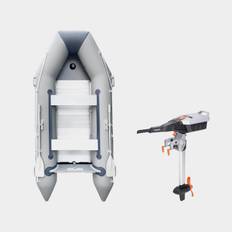Gummibåd / gummijolle med elmotor RUBB 330 Pro Flex, aluminiumdørk, grå + Torqeedo Travel S (Short), Essential Package, 3 hk, 1100 W, kort rig (62.5 cm), med integreret lithiumbatteri (1080 Wh) + årer + pumpe + reparationskit