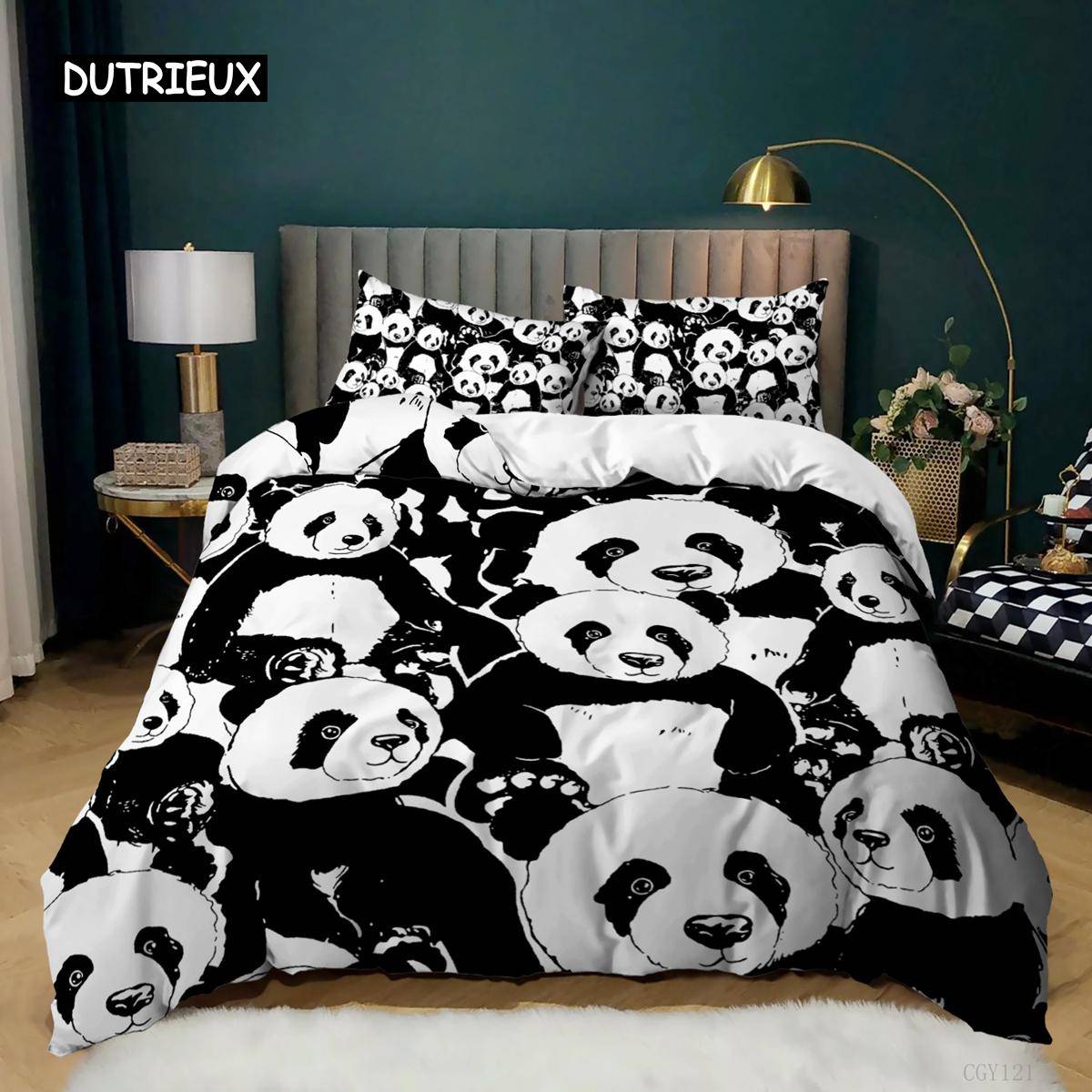 Panda Påslakan Tecknad Panda Tryckt Sängklädesset För Barn Pojkar Flickor Mikrofiber Söt Djur Täcke Örngott 2/3st Full Storlek 155x215cm 3pcs
