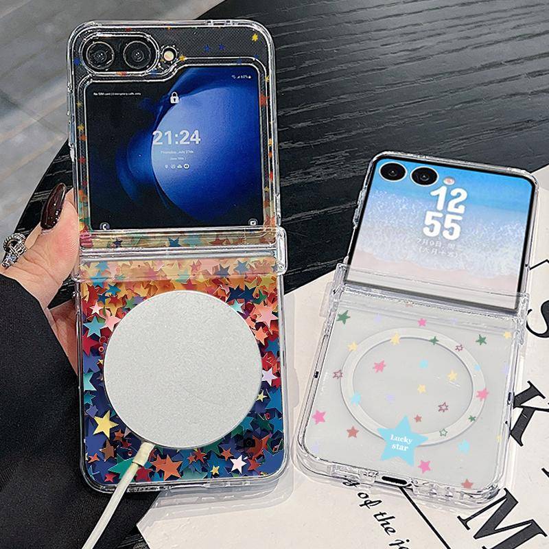 Färgglatt Stjärnmönster Fodral För Samsung Galaxy Z Flip 8 7 FE 6 5 Z Flip8 Flip7 Flip6 Magnetiskt Genomskinligt Hårt PC Vikbar Telefon Fodral transpa