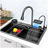 Köksbänk, 304 Rostfritt Stål Nano Waterfall Sink, Home Sink Vegetable Basin Single Sink, Bar Sink, Med Utdragbar Kran, Cup Washer (Color : A, S : 68x46cm)