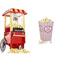 Gadgy popcornmaskin | Retro Popcorn Maker | Varmluft, olje-fri & Relaxdays 48 popcornpåsar, randig, amerikansk retrostil – filmnattstillbehör, festtillbehör, kartong, röd/vit
