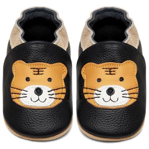 IceUnicorn Krabbelschuhe Baby Lauflernschuhe Jungen Mädchen Weicher Leder Babyhausschuhe Kleinkind Rutschfeste Lederschuhe Baby(Schwarzer Tiger, 12-18 Monate)