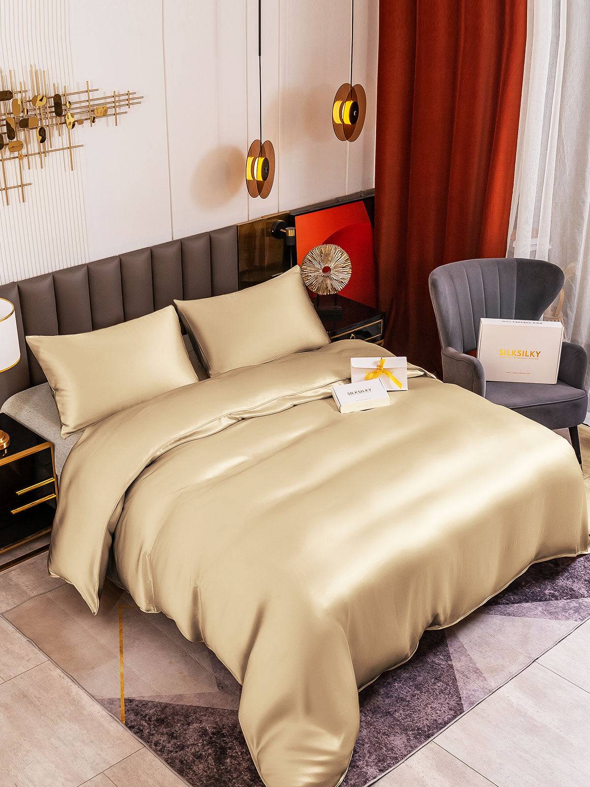19Momme 3st Siden Sängkläder Set (Påslakan + 2x Örngott) - Beige / 1.6m Säng(230x220cm+2x50x60cm)