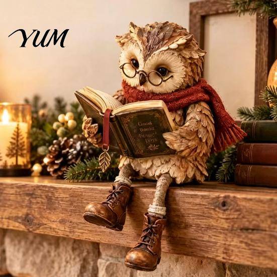 Resin Owl Decoration for Office Reading Figurine, Creative Statue with Glasses Scarf Boots And Open Book, Figurine Bookshelf Sculpture Book Nook Shelf
