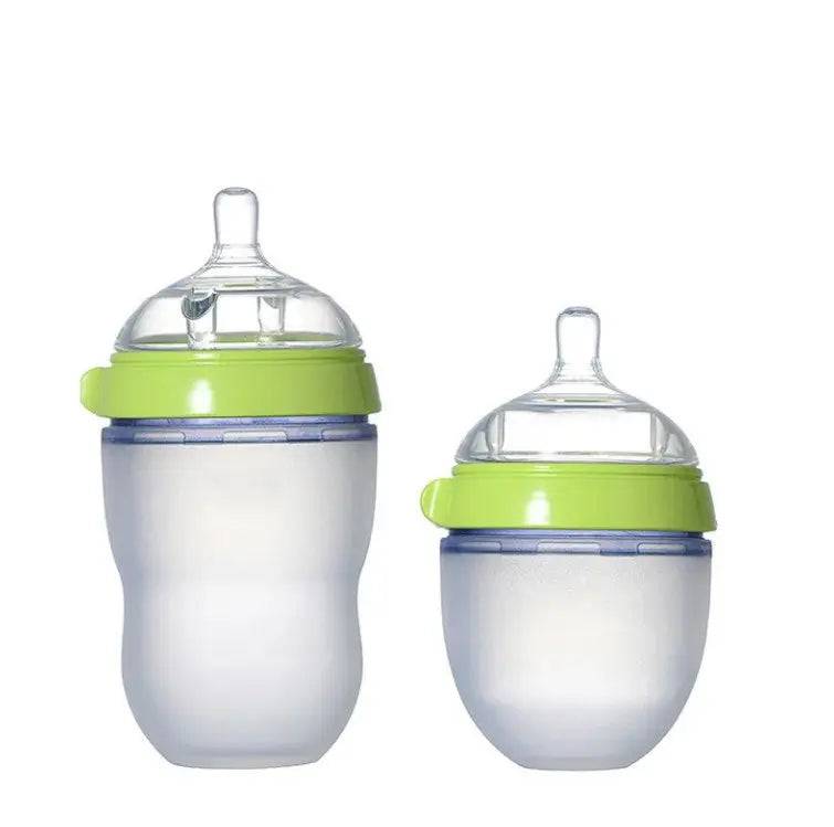 BPA-fri silikon amningsflaska mot kolik. 150 ml flaska med justerbar napp + 250 ml flaska med justerbar napp för mjölk och amning. - grönt